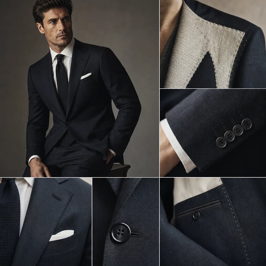 A man in a perfectly cut charcoal suit — full canvas construction visible in the drape