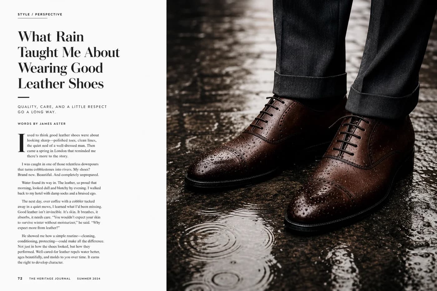 Polished brown leather dress shoes on rain-damp pavement, with water