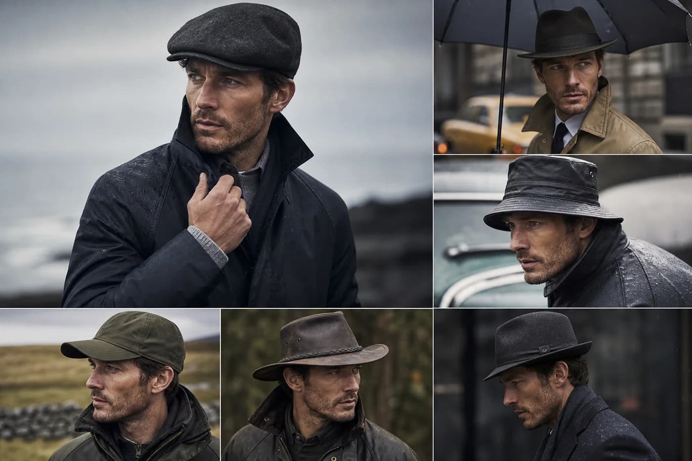 Assorted men’s weatherproof hats arranged neatly, including felt, waxed cotton, and rain-ready styles.