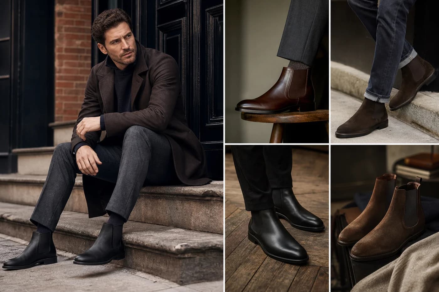 A pair of polished black Chelsea boots against clean white flooring